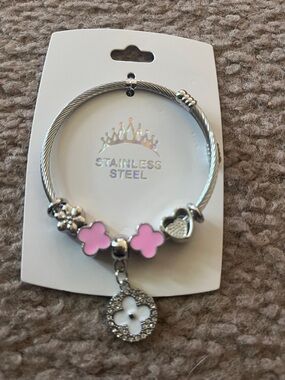 Stainless Steel Pink Clover Charm Bracelet